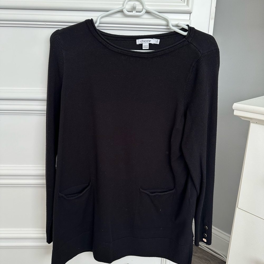 Chico’s Women’s Long Sleeve Pullover Black Sweater Sz 2 Buttons On Sleeves